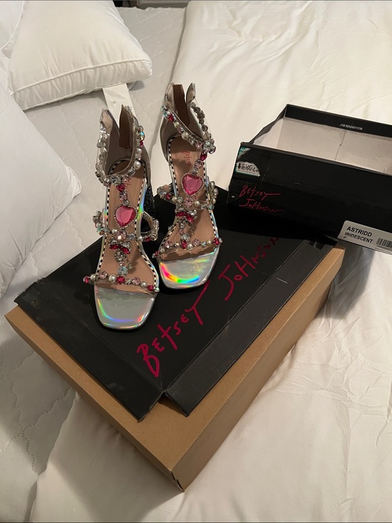 Betsey Johnson Shoes - Betsey Johnson Iridescent Jeweled Heels with Pink Heart Accents